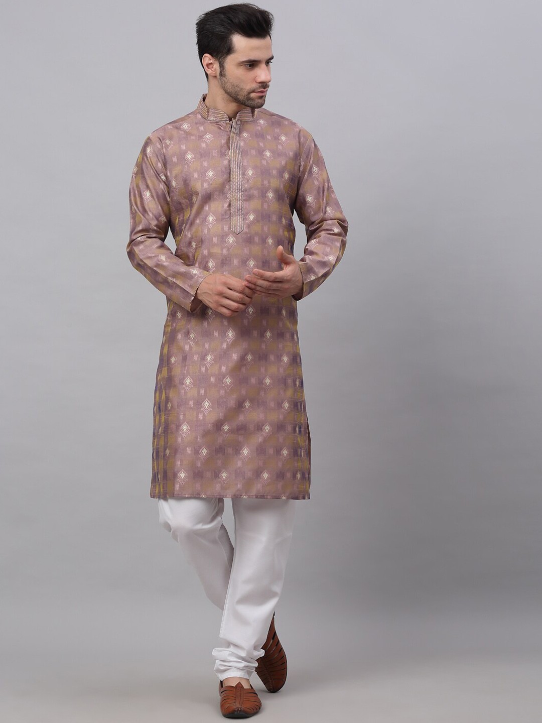 

Jompers Men Woven Design Mandarin Collar Kurta With Churidar, Pink