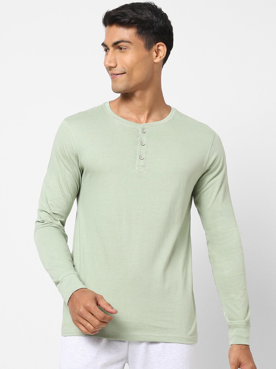 

Ajile by Pantaloons Men Light Green Solid Cotton Lounge T-shirts
