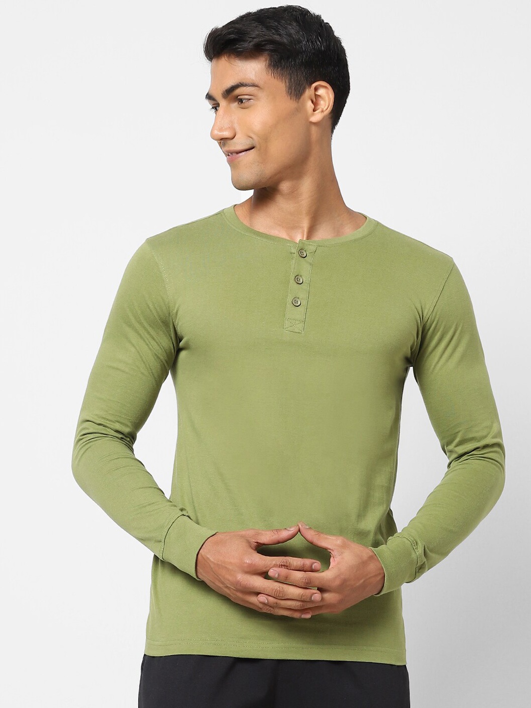 

Ajile by Pantaloons Men Olive-Green Solid Cotton Lounge Tshirts