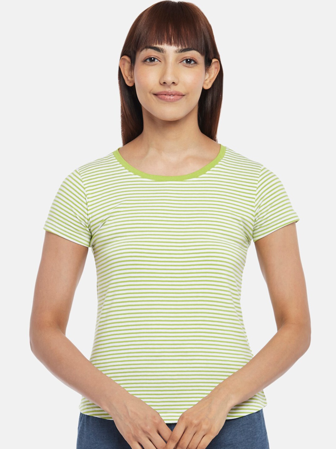 

Dreamz by Pantaloons Women Green Striped Cotton Lounge T-shirts