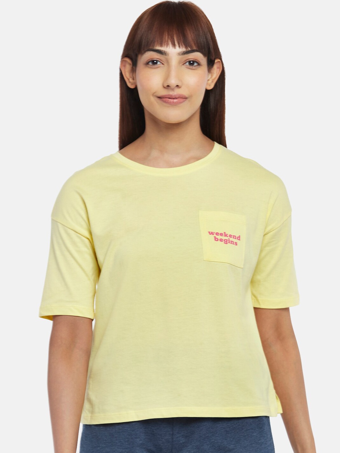 

Dreamz by Pantaloons Women Yellow Printed Cotton Lounge Tshirts
