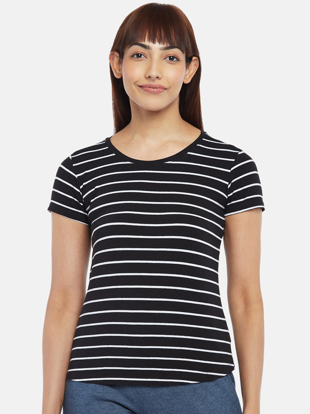 

Dreamz by Pantaloons Women Black Striped Cotton Lounge T-shirt
