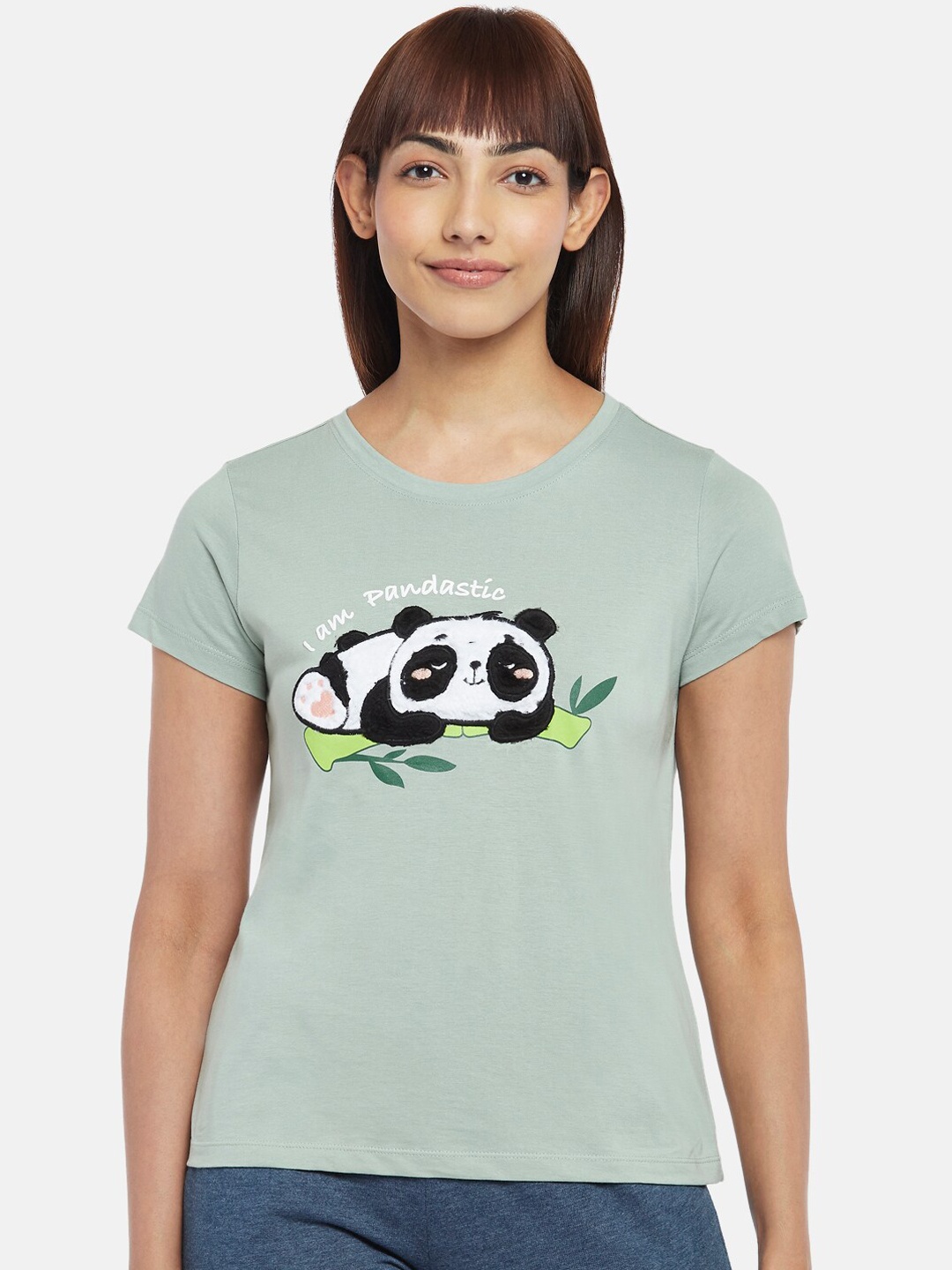 

Dreamz by Pantaloons Women Green Printed Cotton Lounge Tshirts