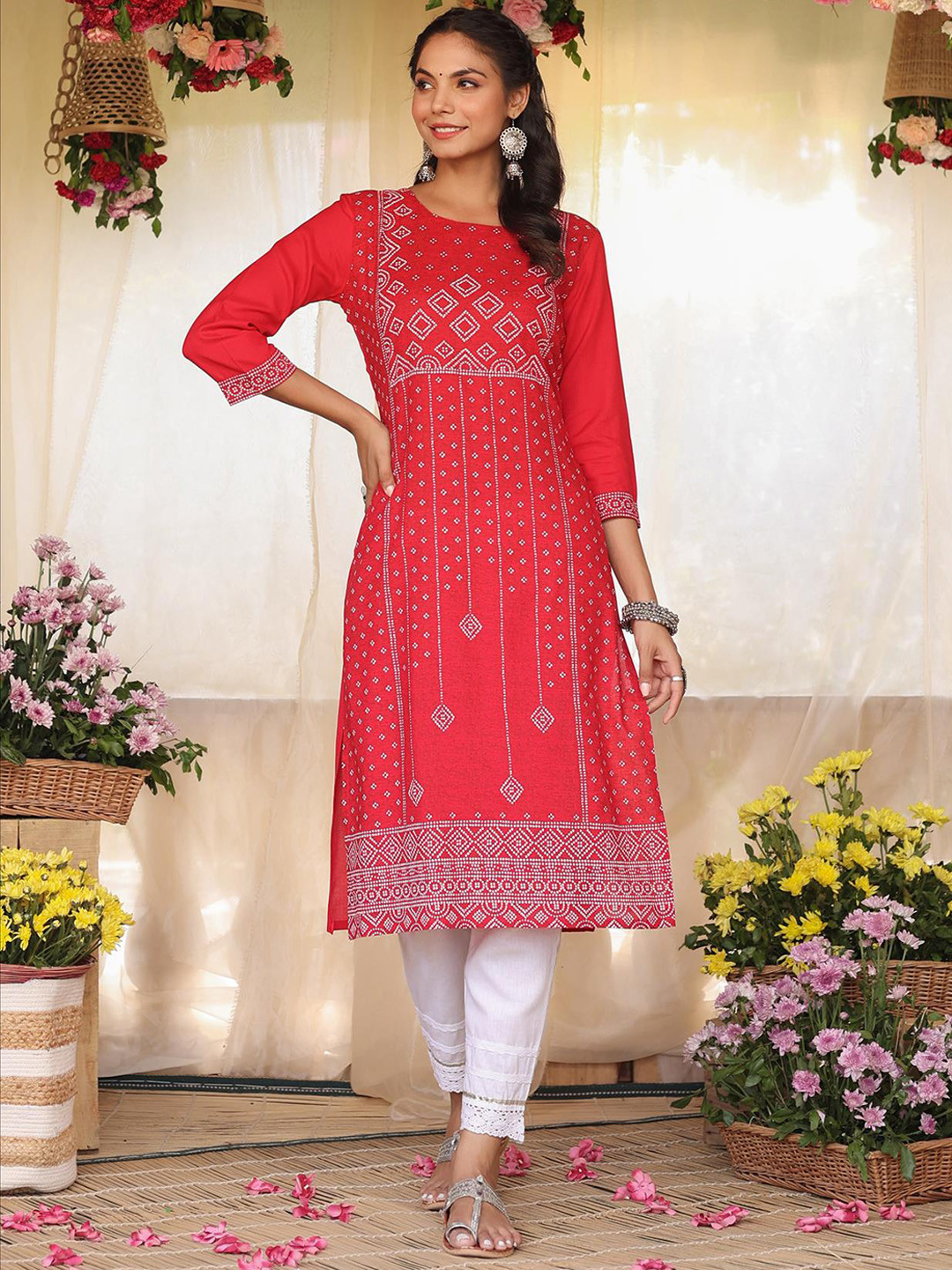 

SCAKHI Women Red & White Bandhani Printed Straight Kurta