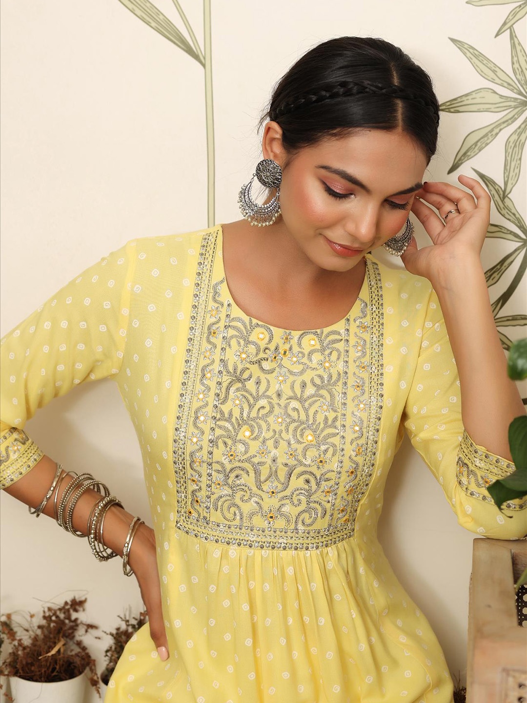 

SCAKHI Women Yellow Yoke Design Mirror Work Pastels Kurta