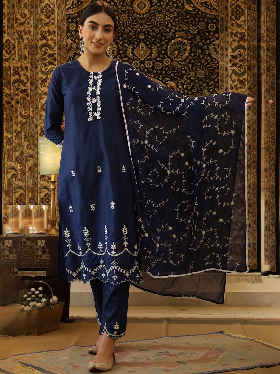 

SCAKHI Women Embroidered Thread Work Kurta with Trousers & With Dupatta, Navy blue