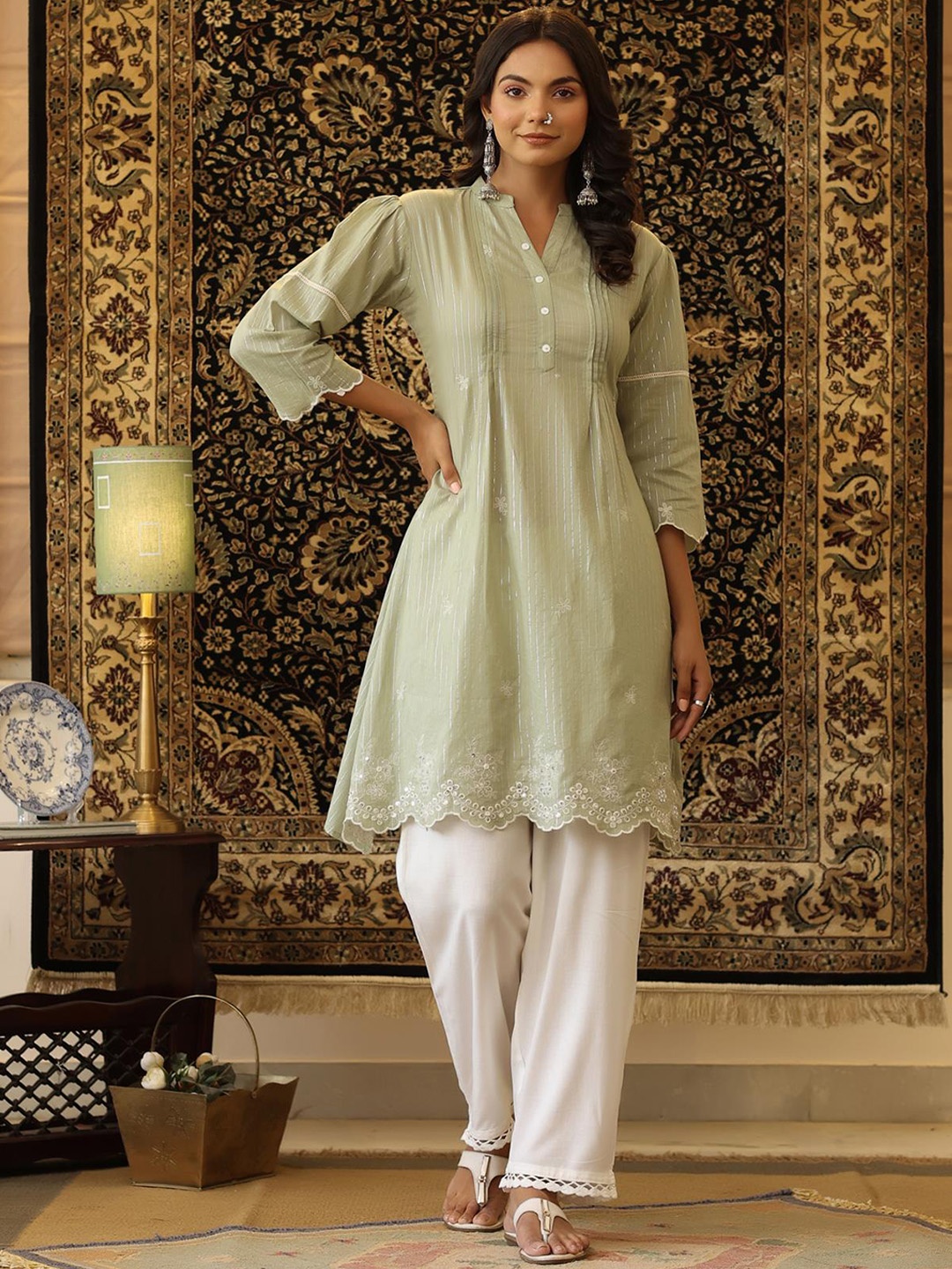 

SCAKHI Women Olive Green Floral Sequined Pure Cotton Kurta with Palazzo