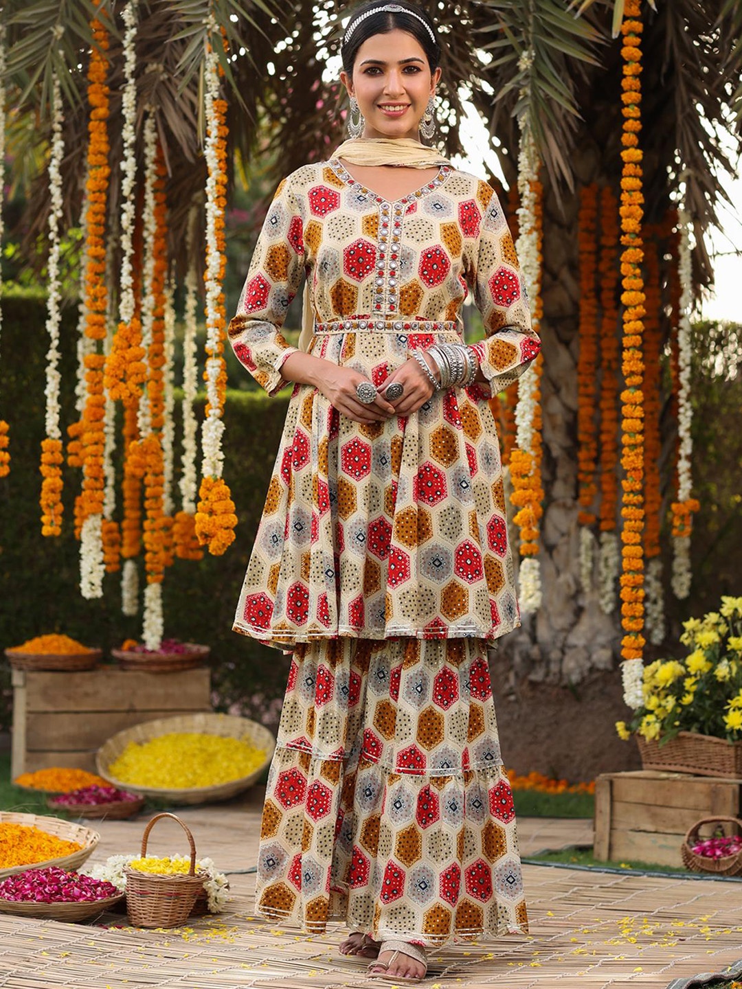 

SCAKHI Women Beige Ethnic Motifs Printed Empire Mirror Work Kurta with Sharara & With Dupatta