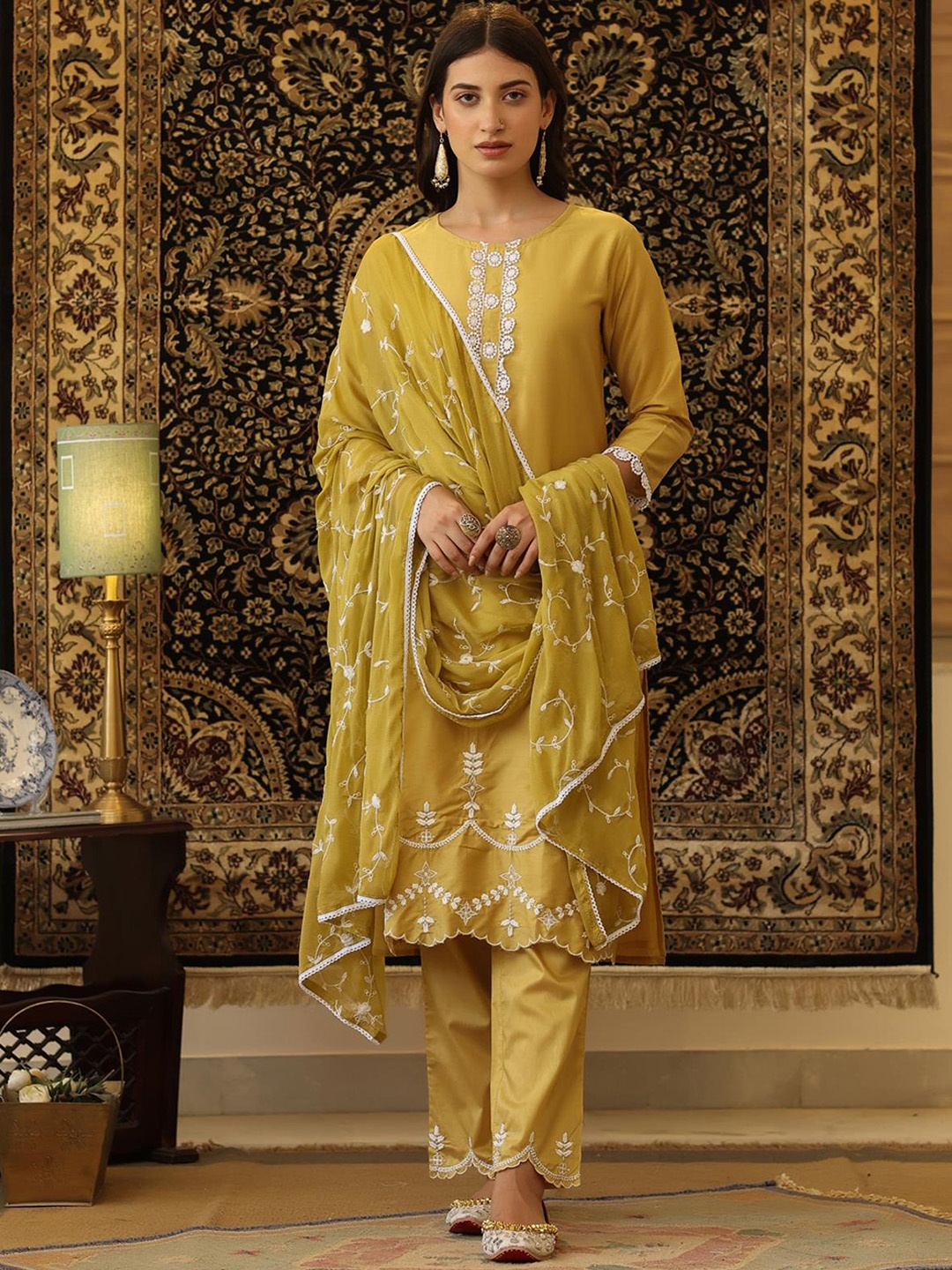 

SCAKHI Women Floral Embroidered Kurta with Trousers & With Dupatta, Yellow