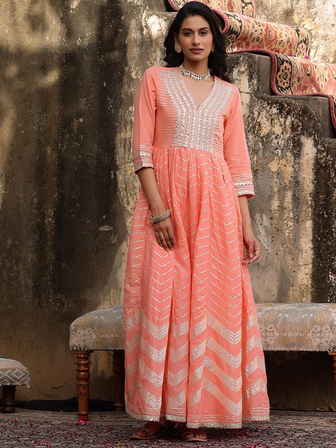 

SCAKHI Women Peach-Coloured Ethnic Motifs Embroidered Pastels Anarkali Kurta