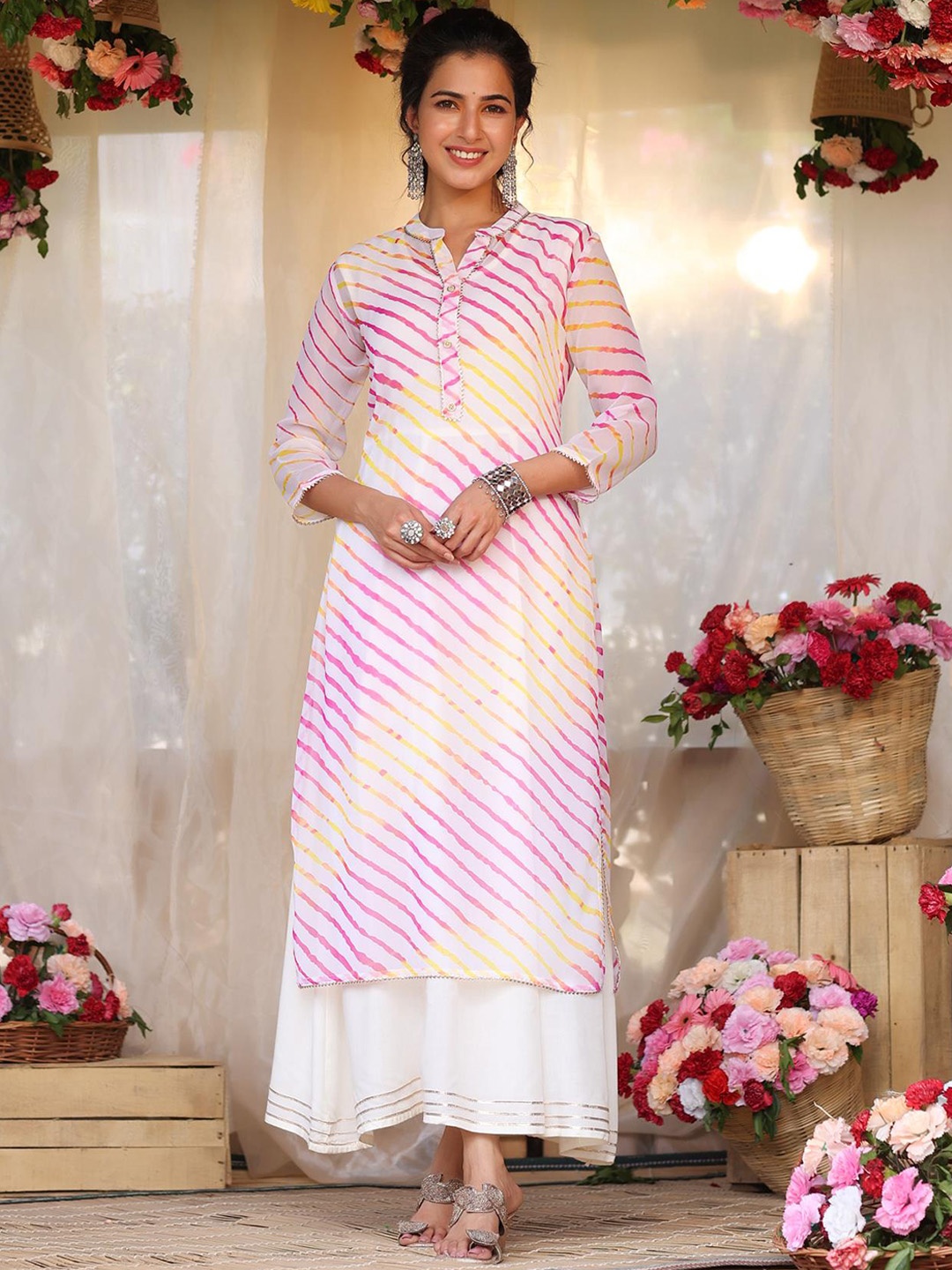 

SCAKHI Women Pink & Yellow Printed White Romance Georgette Anarkali Kurta