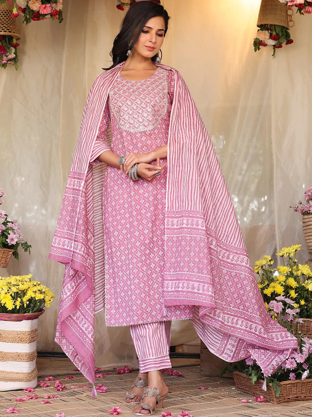 

SCAKHI Women Pink Bandhani Printed Pure Cotton Kurta with Trousers & Dupatta
