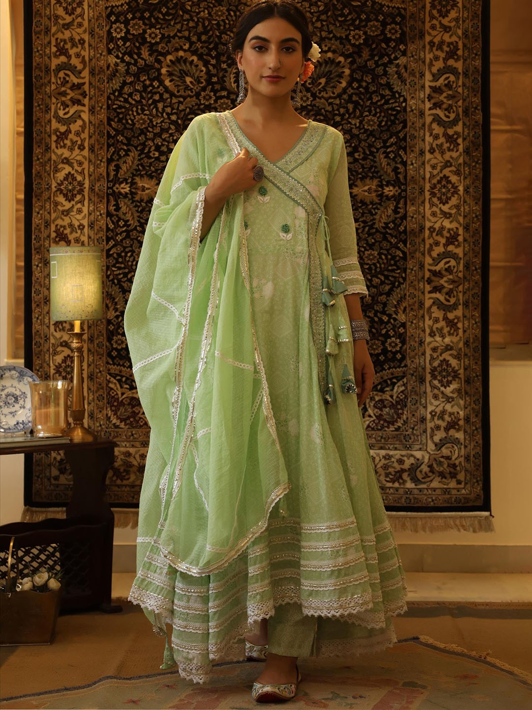 

SCAKHI Women Floral Embroidered Gotta Patti Pure Cotton Kurta with Trousers & With Dupatta, Green