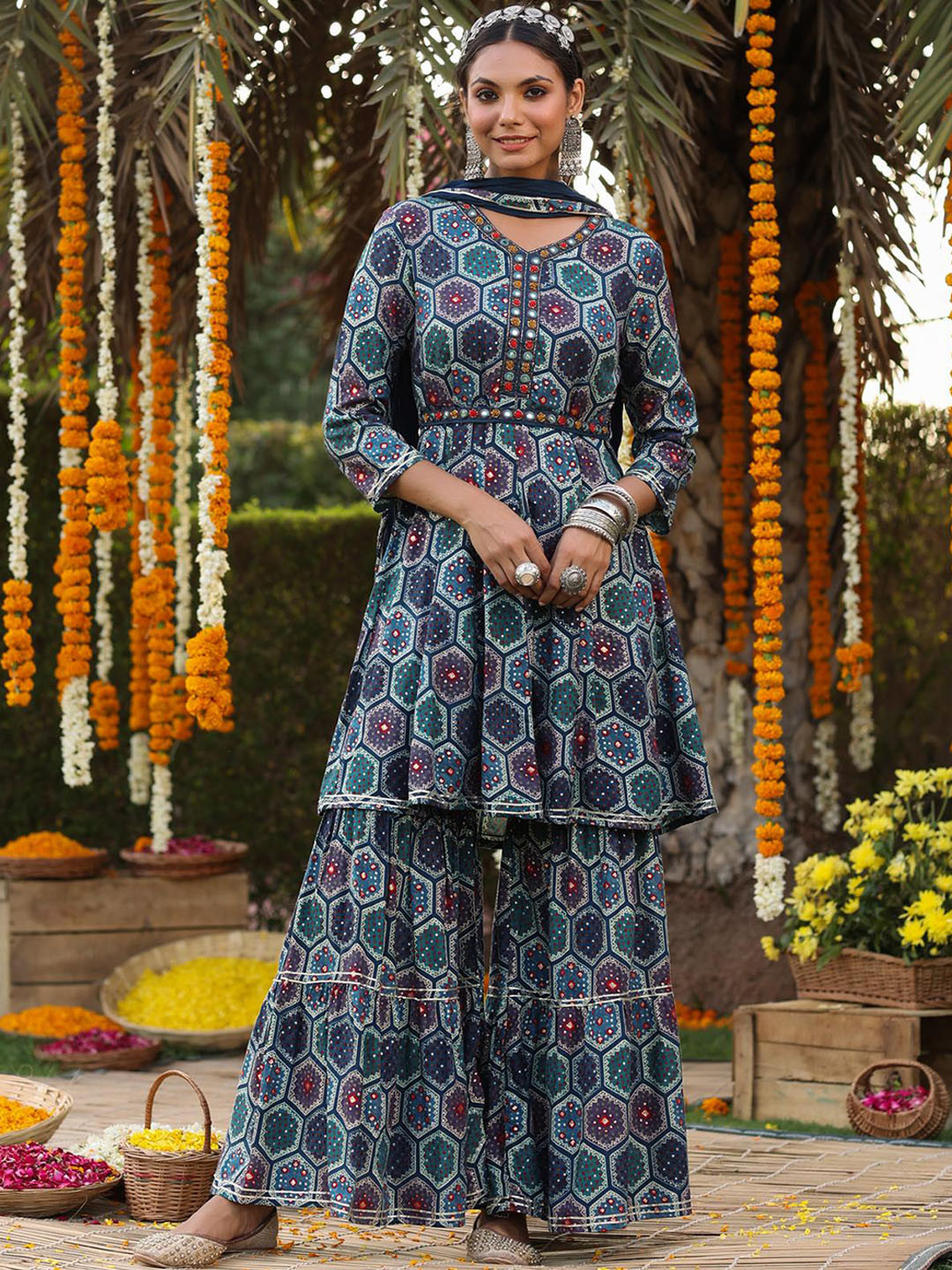 

SCAKHI Women Bandhani Printed Panelled Mirror Work Kurta with Sharara & With Dupatta, Navy blue