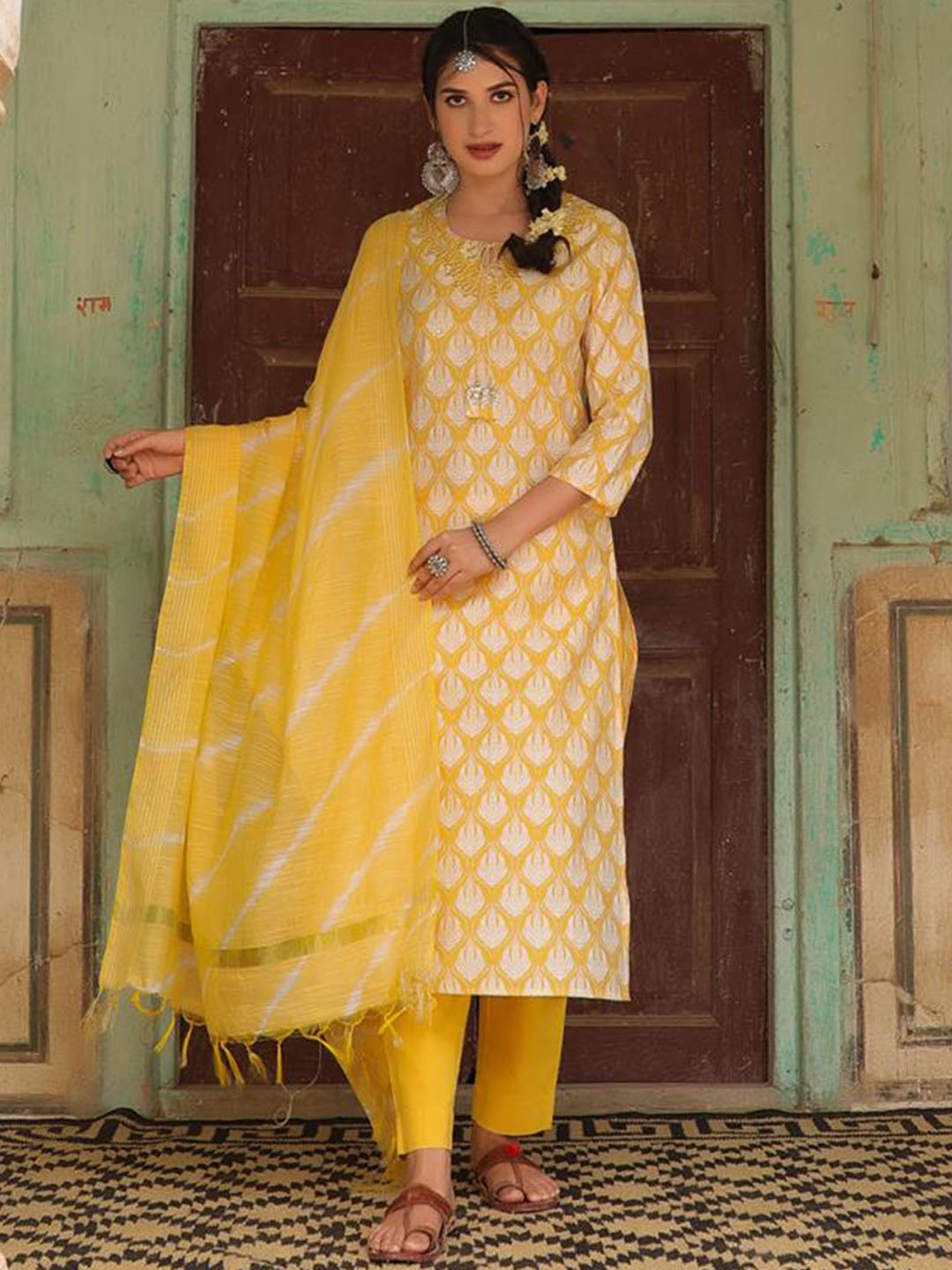 

SCAKHI Women Yellow Ethnic Motifs Printed Mirror Work Kurta with Trousers & With Dupatta