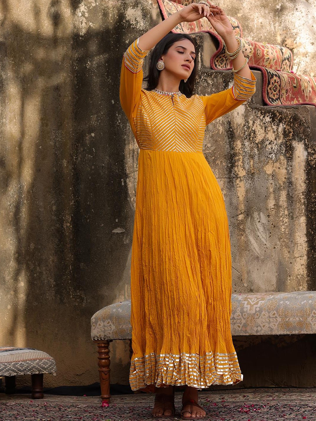 

SCAKHI Women Yellow Gotta Patti Lace Frills Bows and Ruffles Anarkali Kurta