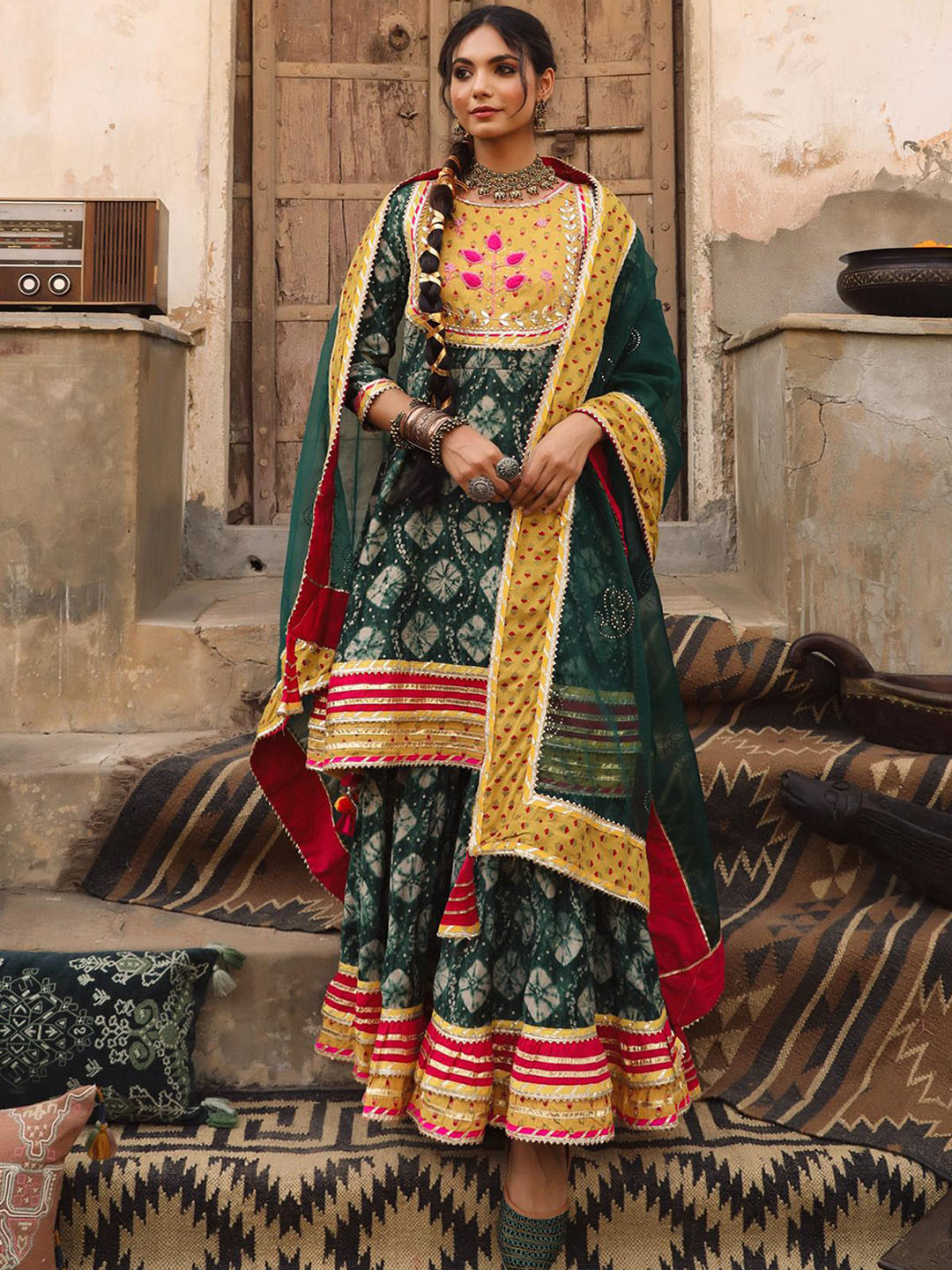 

SCAKHI Women Green Floral Dyed Beads and Stones Pure Silk Kurta with Sharara & With Dupatta