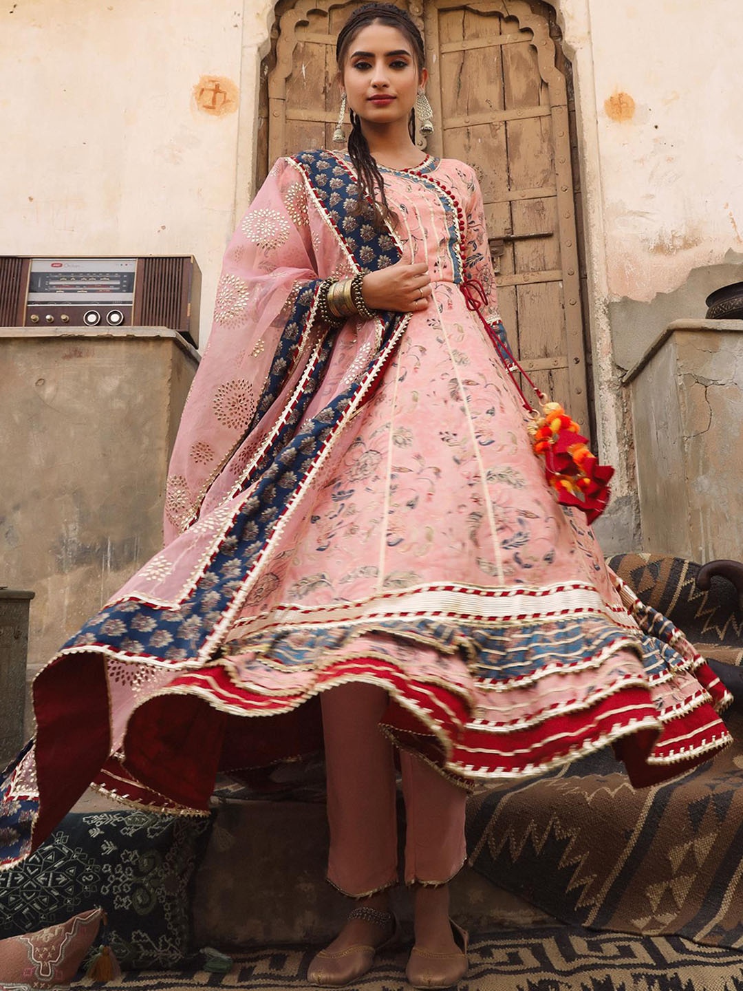 

SCAKHI Women Pink Kalamkari Angrakha Gotta Patti Pure Silk Kurta With Trouser Set