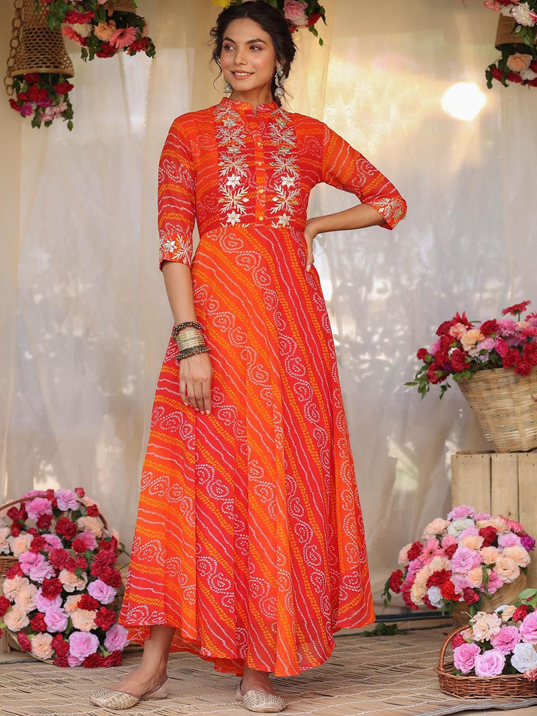 

SCAKHI Women Orange & Gold Bandhani Printed Ethnic A-Line Dress
