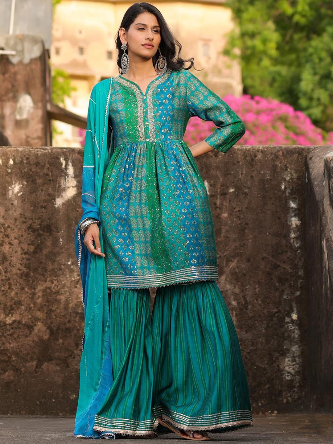 

SCAKHI Women Paisley Printed Empire Beads and Stones Kurti with Sharara & With Dupatta, Teal