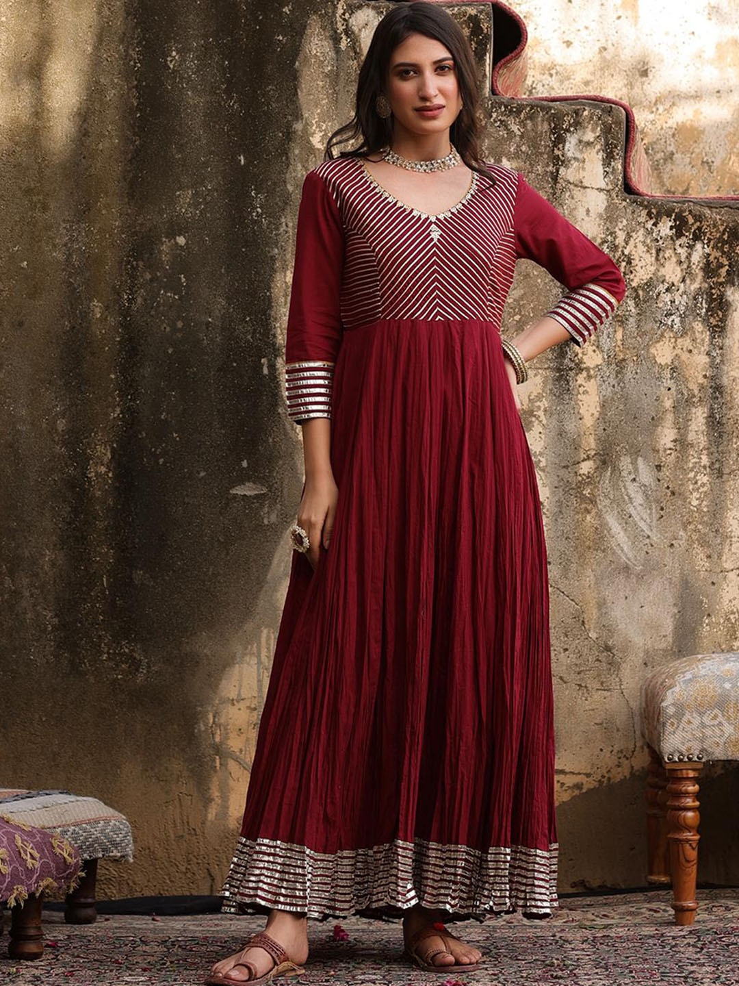 

SCAKHI Women Maroon Yoke Design Lace Frills Bows and Ruffles Anarkali Kurta