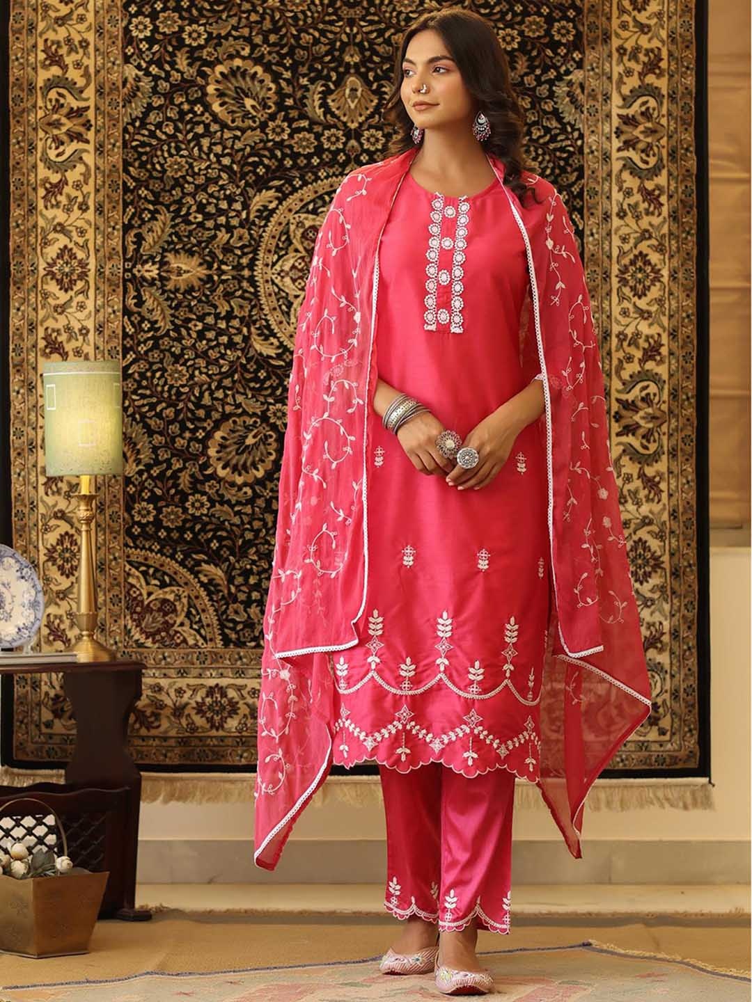 

SCAKHI Women Embroidered Thread Work Kurta with Trousers & With Dupatta, Pink