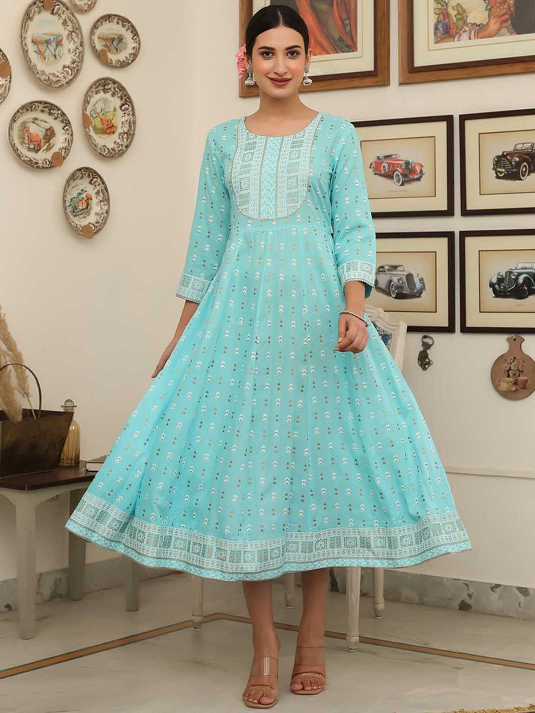 

SCAKHI Women Turquoise Blue Ethnic Motifs Printed Pastels Anarkali Kurta