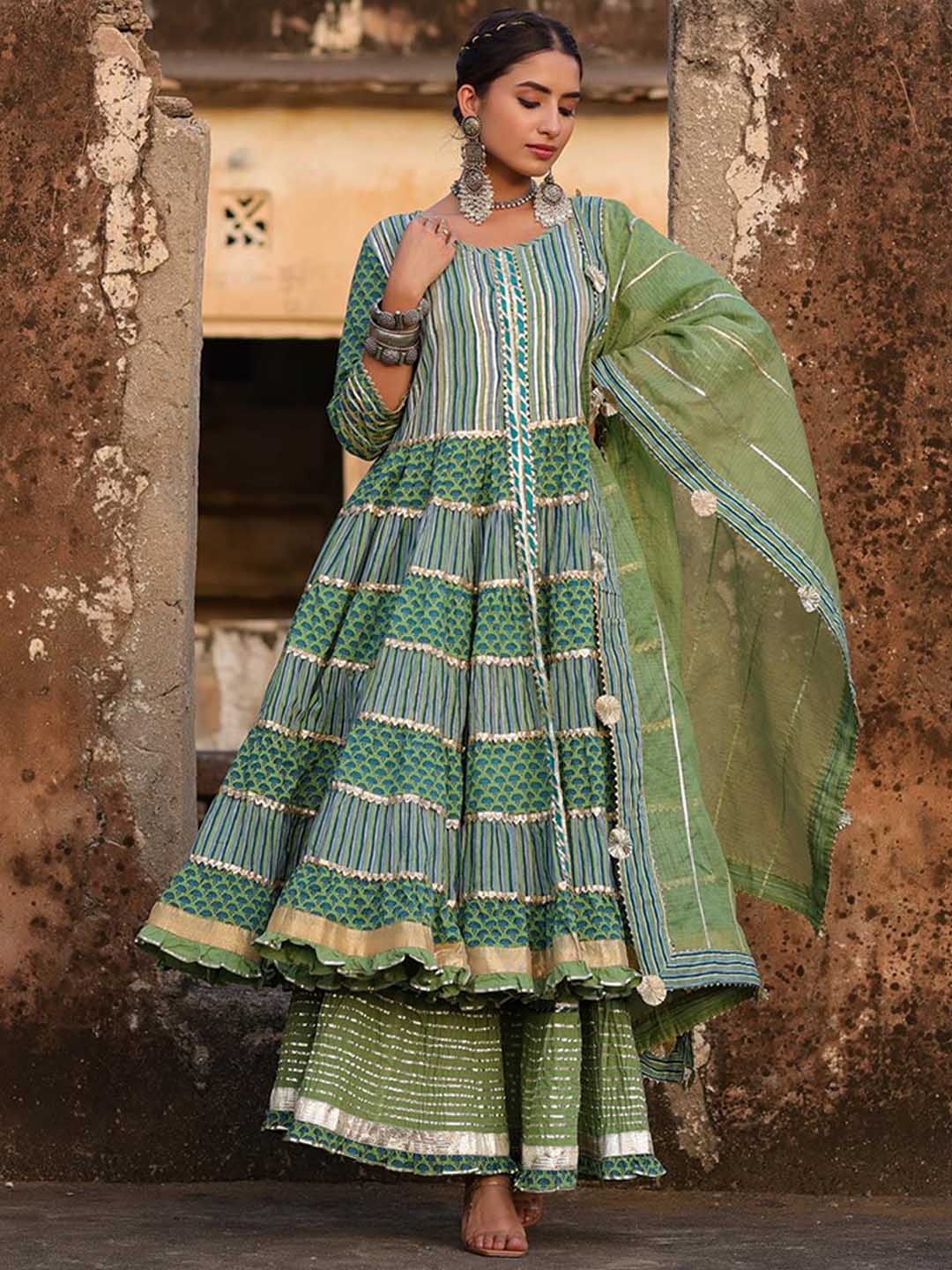 

SCAKHI Women Green & Blue Printed Pure Cotton Anarkali Kurta with Skirt & With Dupatta