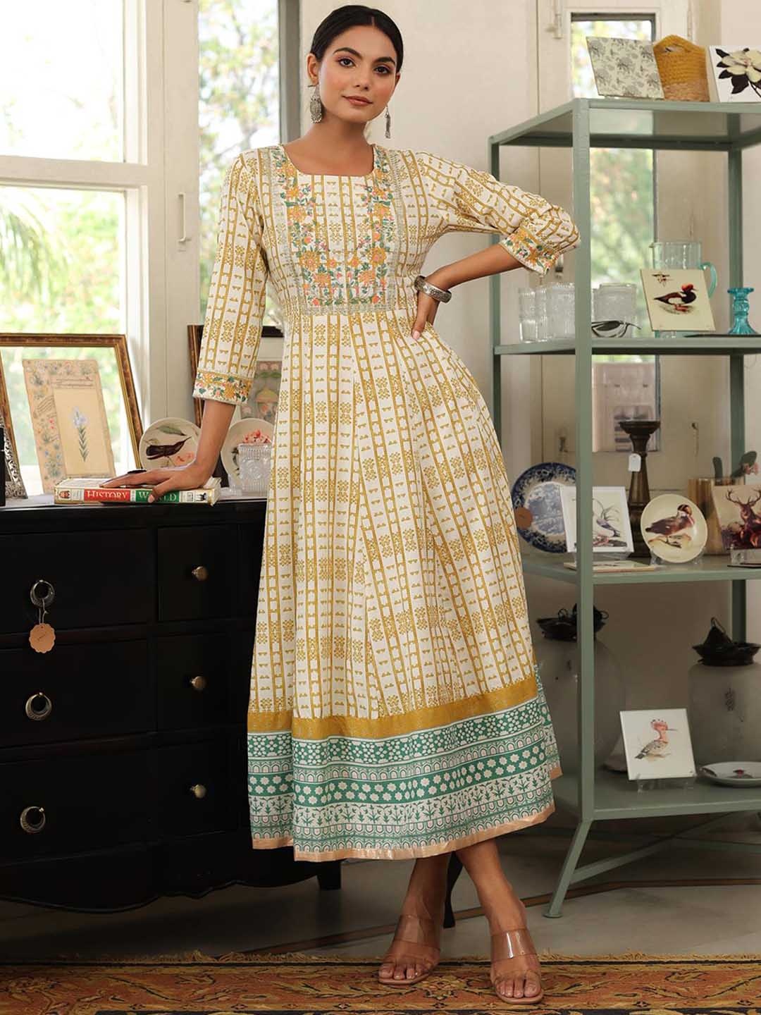 

SCAKHI Women Beige Ethnic Motifs Printed Grandeur & Majestic Artwork Anarkali Kurta