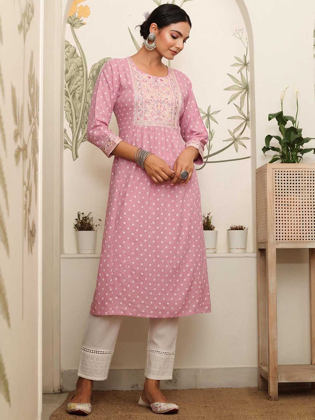 

SCAKHI Women Lavender Embroidered Flared Sleeves Pastels Kurta