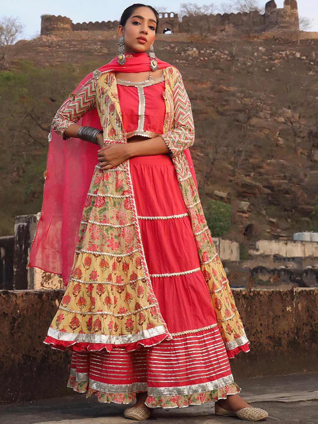 

SCAKHI Women Floral Printed Tiered Gotta Patti Pure Cotton Kurta with Skirt & With Dupatta, Yellow