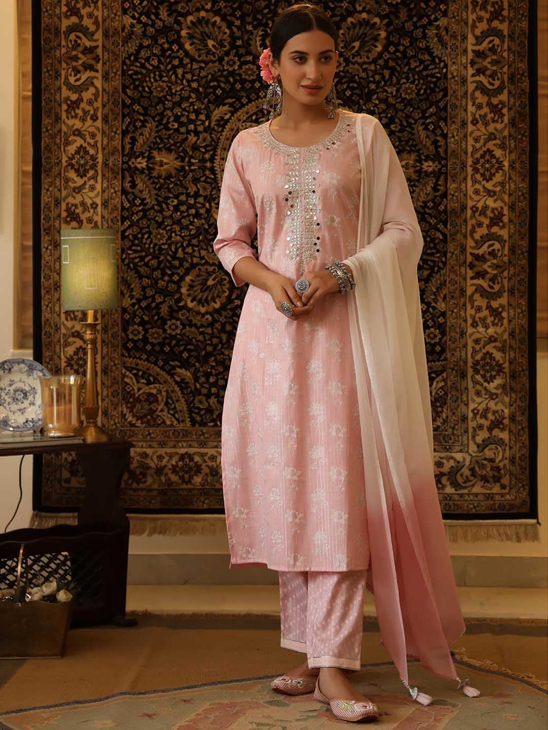 

SCAKHI Women Pink Floral Printed Mirror Work Pure Cotton Kurta with Trousers & With Dupatta