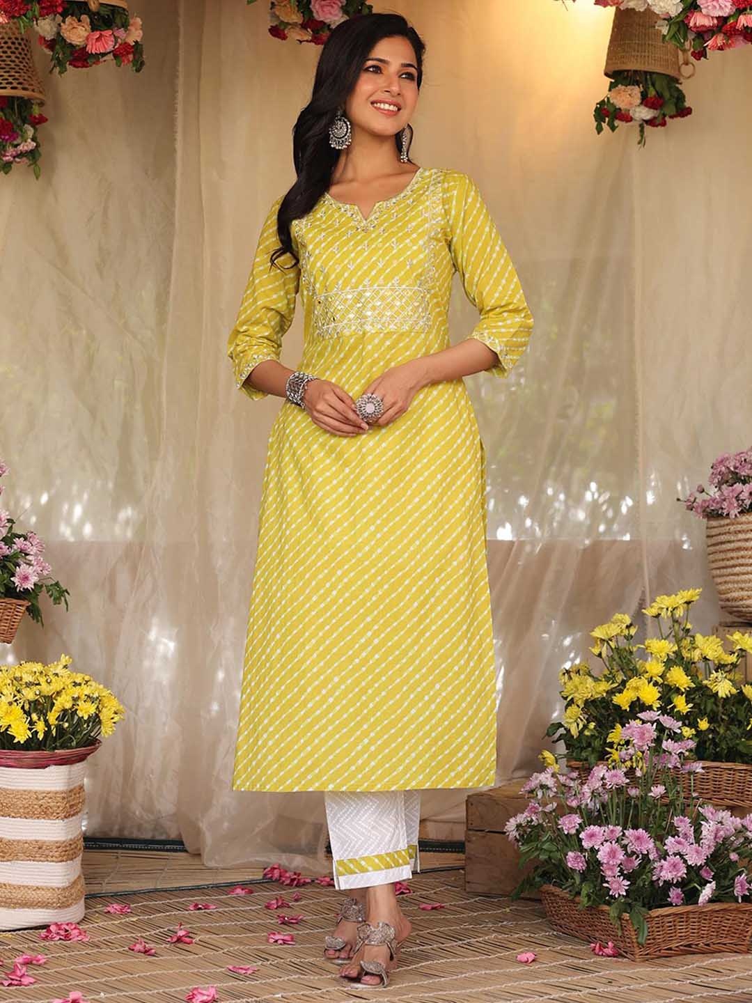 

SCAKHI Women Yellow Leheriya Printed & Embroidered Pure Cotton Kurta with Trousers