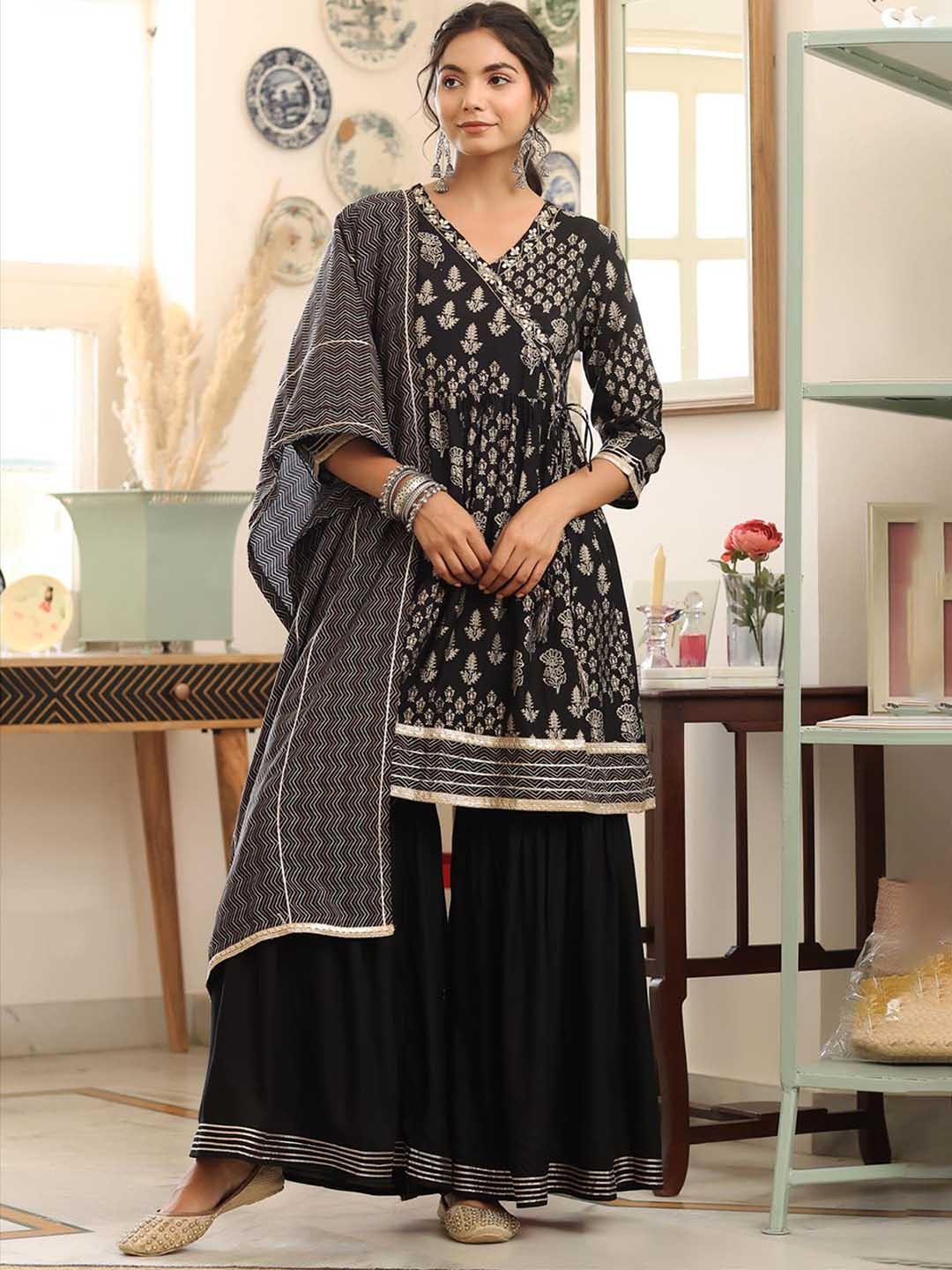 

SCAKHI Women Ethnic Motifs Printed Angrakha Gotta Patti Kurta with Sharara & With Dupatta, Black