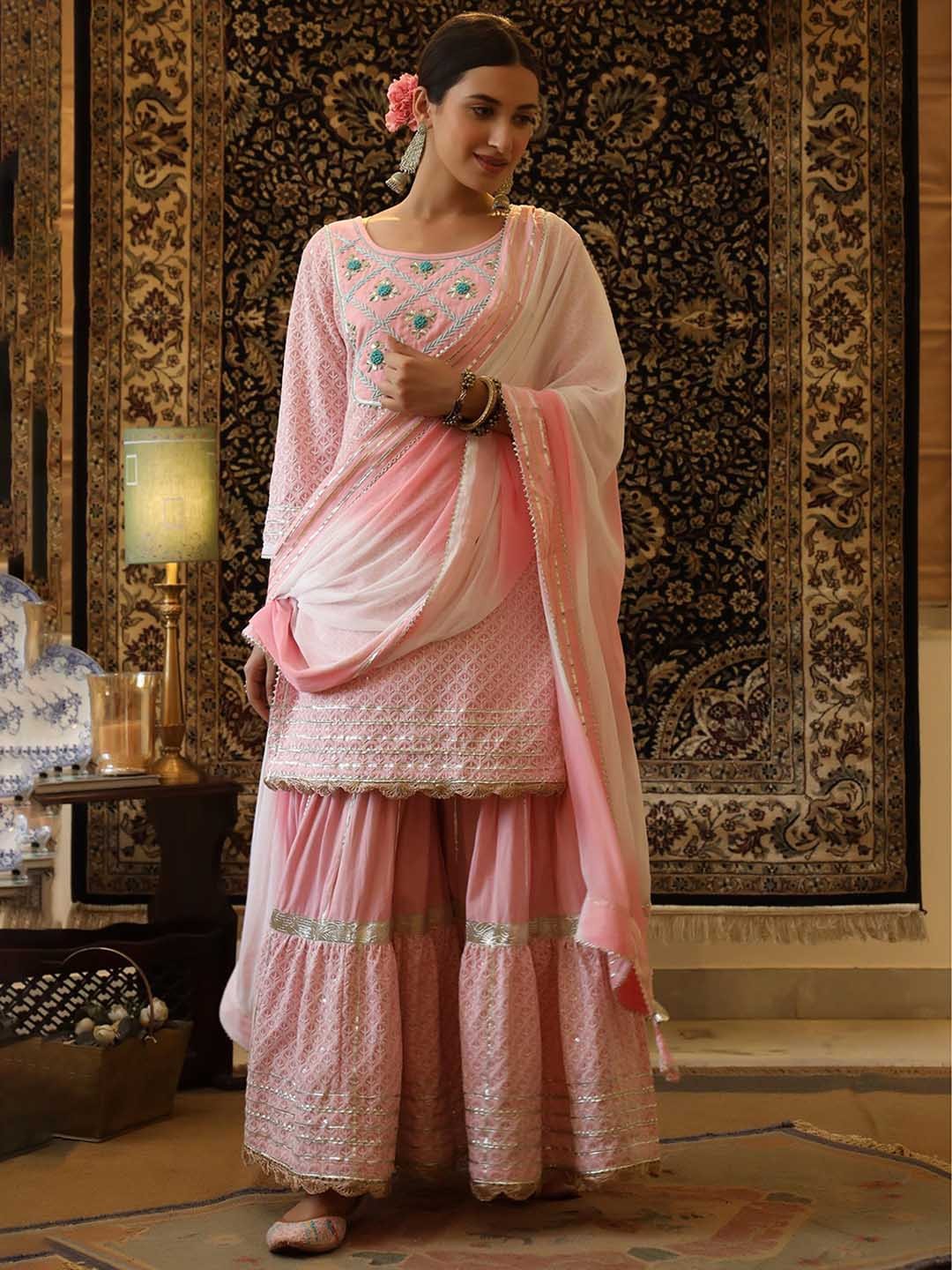 

SCAKHI Women Pink Floral Embroidered Panelled Chikankari Pure Cotton Kurti with Sharara & With Dupatta