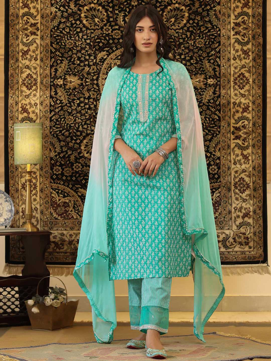 

SCAKHI Women Turquoise Blue Paisley Printed Pure Cotton Kurta with Trousers & Dupatta