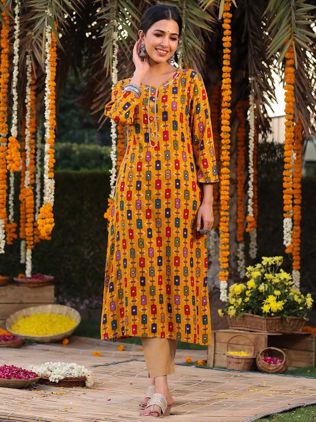 

SCAKHI Women Mustard Yellow Printed Kurta