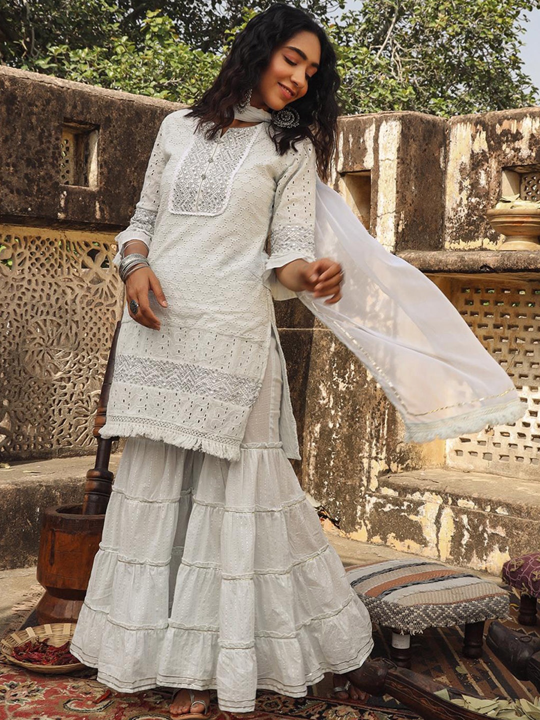 

SCAKHI Women White Embroidered Beads and Stones Pure Cotton Kurta with Sharara & Dupatta