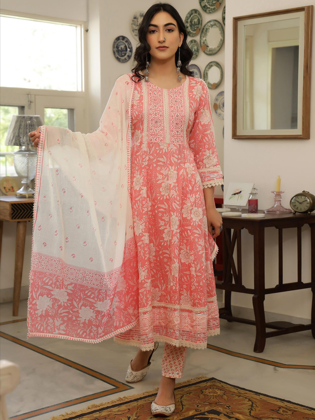 

SCAKHI Women Floral Printed Sequinned Pure Cotton Kurta with Trousers & With Dupatta, Pink
