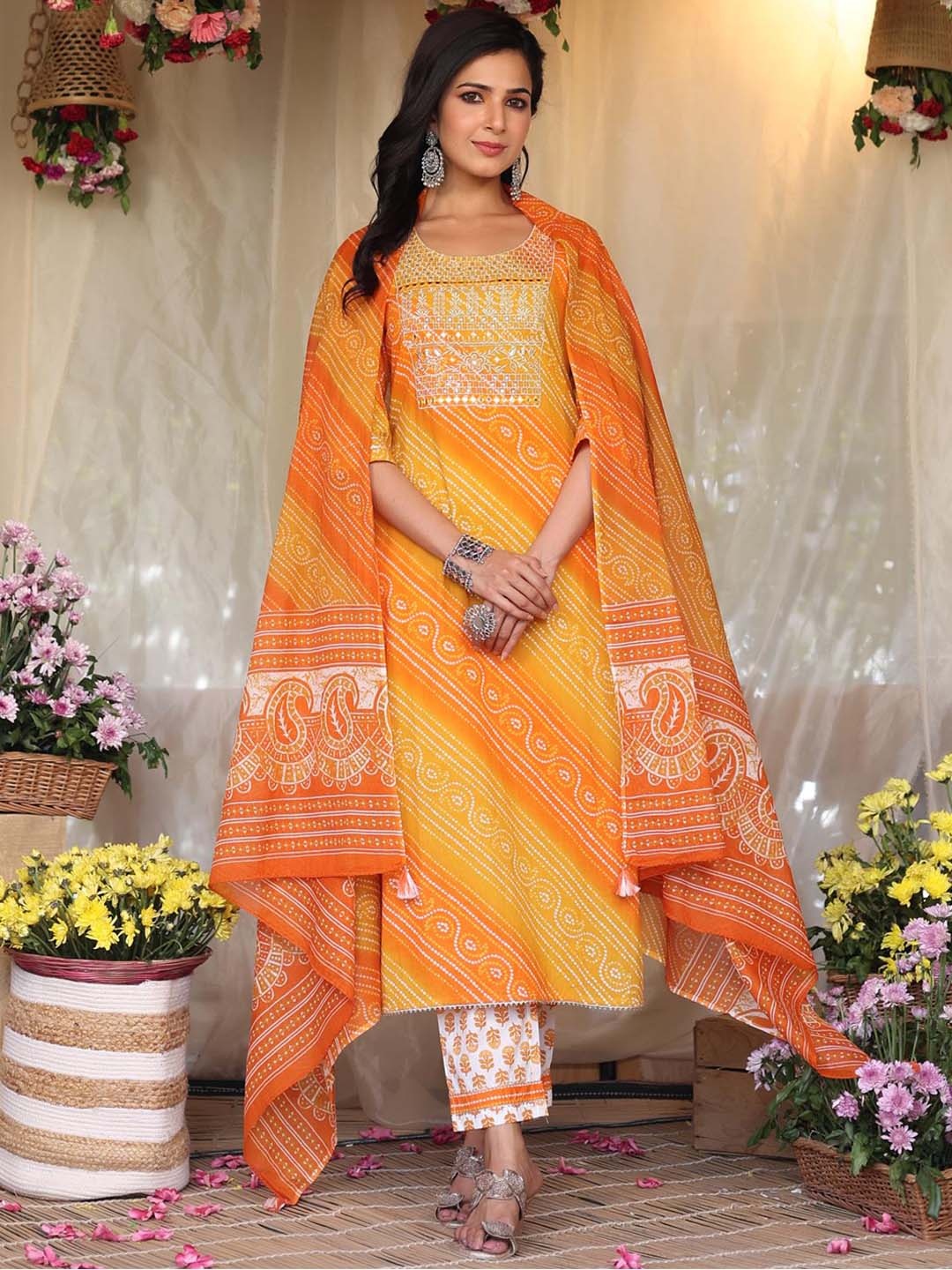 

SCAKHI Women Bandhani Printed Pure Cotton Kurta with Trousers & With Dupatta, Yellow