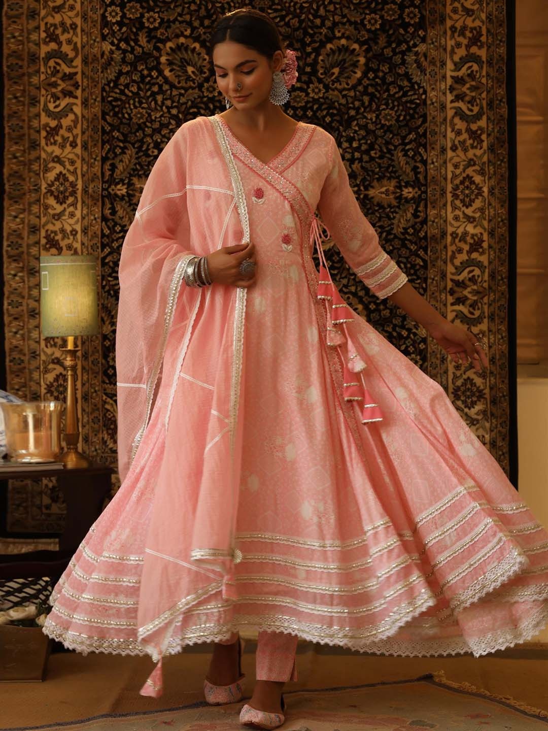 

SCAKHI Women Pink Floral Embroidered Angrakha Gotta Patti Pure Cotton Kurta with Trousers & With Dupatta