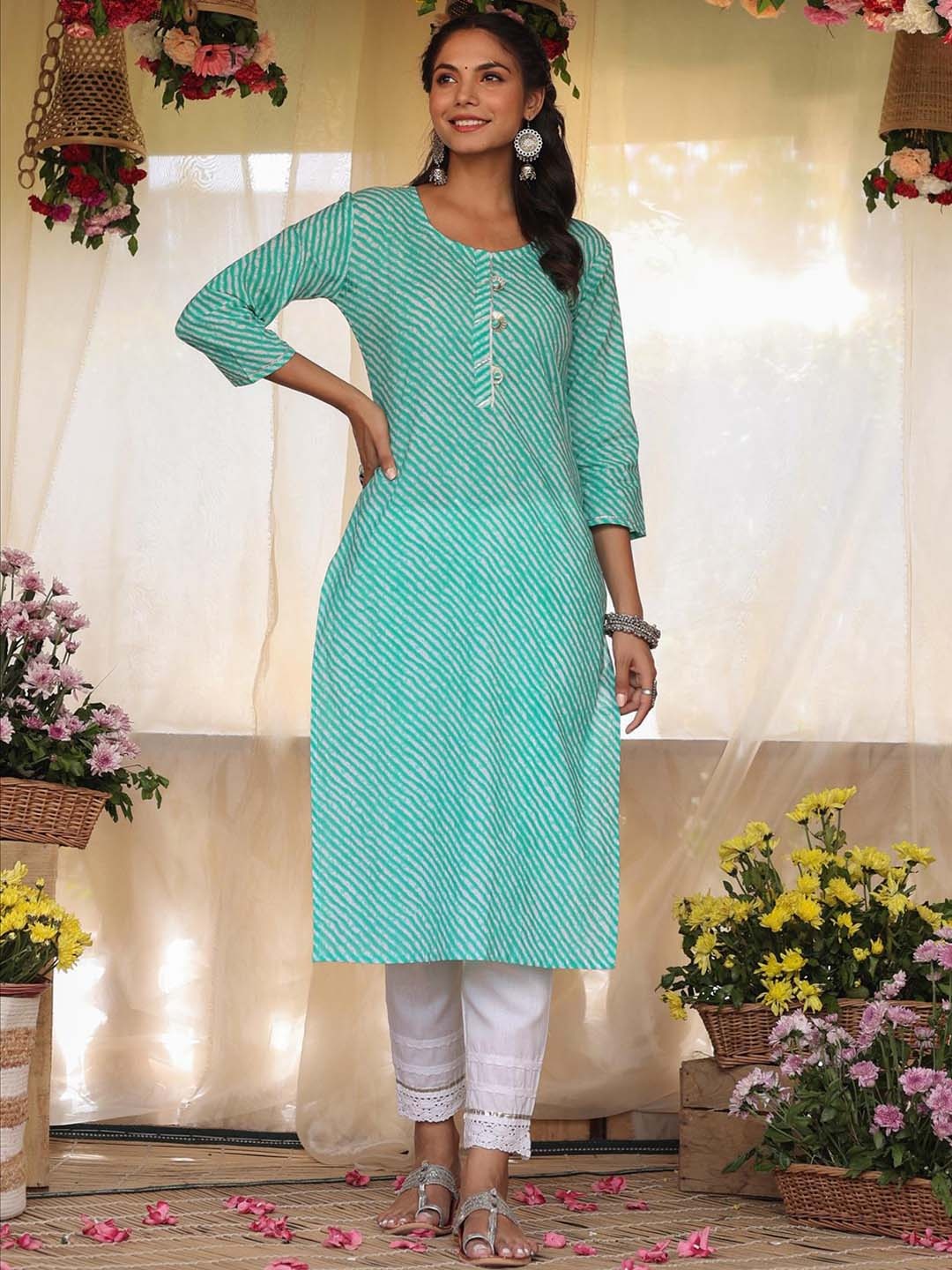 

SCAKHI Women Turquoise Blue Striped Kurta