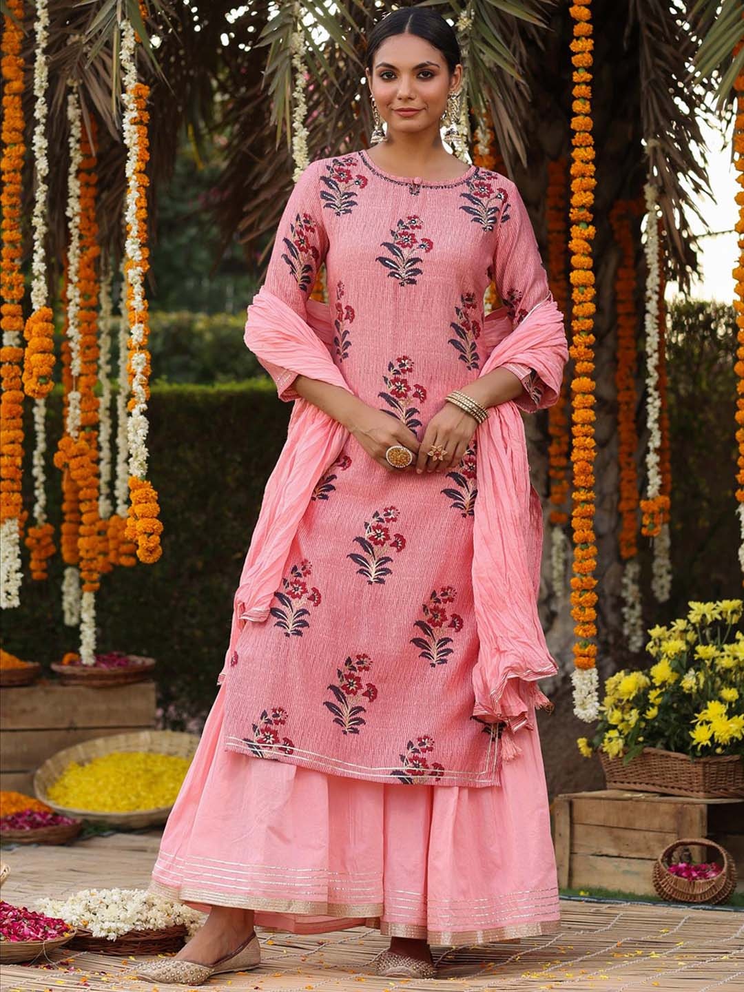 

SCAKHI Women Pink Floral Printed Kurta with Sharara & With Dupatta