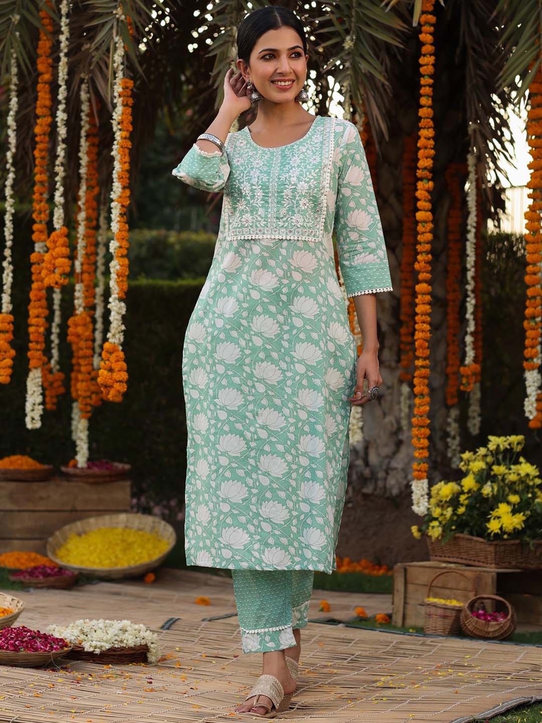 

SCAKHI Women Blue Floral Printed Mirror Work Pure Cotton Kurta with Trousers