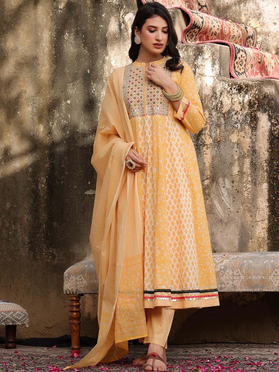 

SCAKHI Women Ethnic Motifs Yoke Design Pure Cotton Kurta with Trousers & Dupatta, Yellow