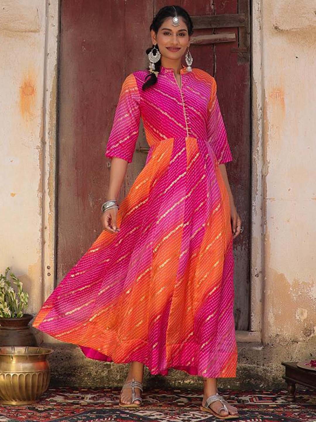 

SCAKHI Women Pink Striped Anarkali Kurta