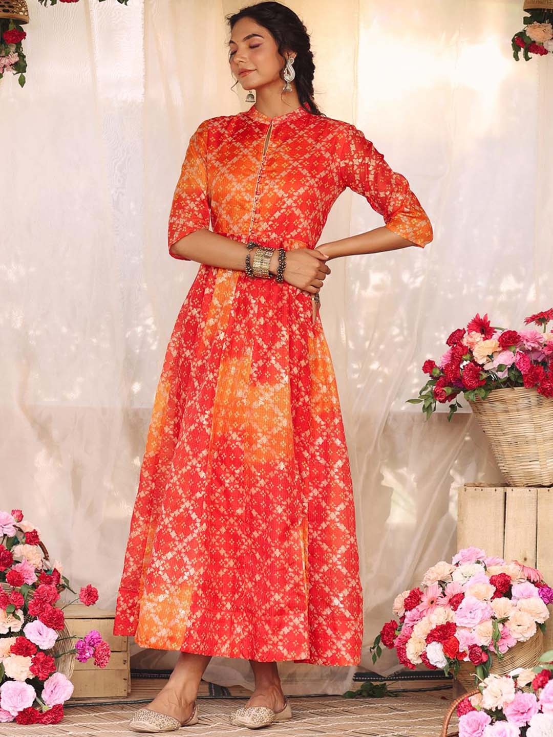 

SCAKHI Women Orange Floral Printed Anarkali Kurta