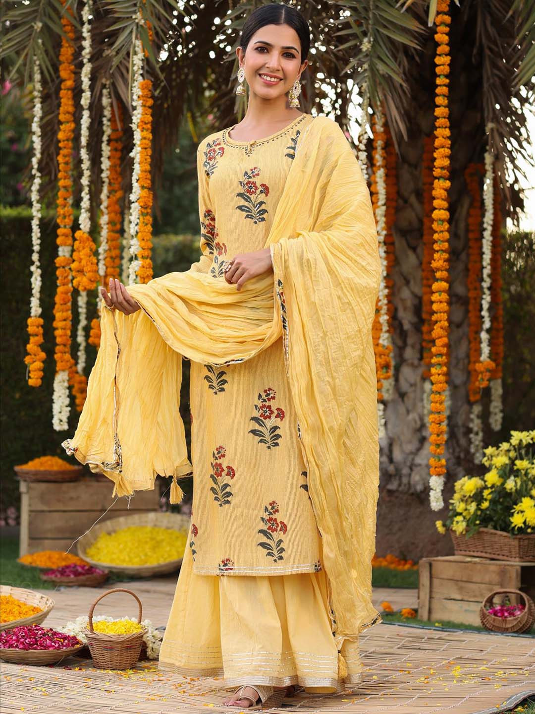 

SCAKHI Women Floral Printed Sequinned Kurta with Sharara & With Dupatta, Yellow
