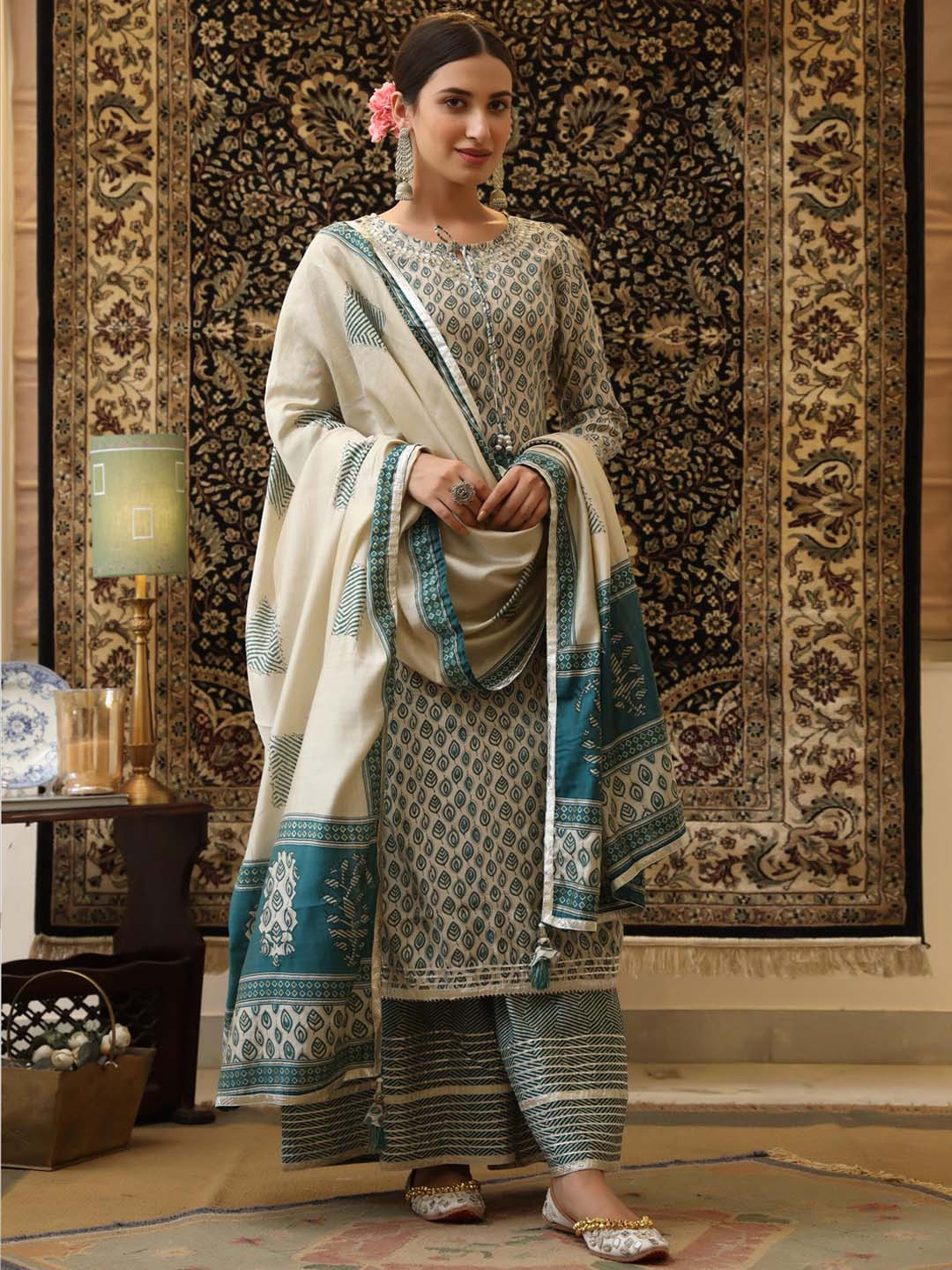 

SCAKHI Women Ethnic Motifs Printed Kurta with Sharara & With Dupatta, Blue