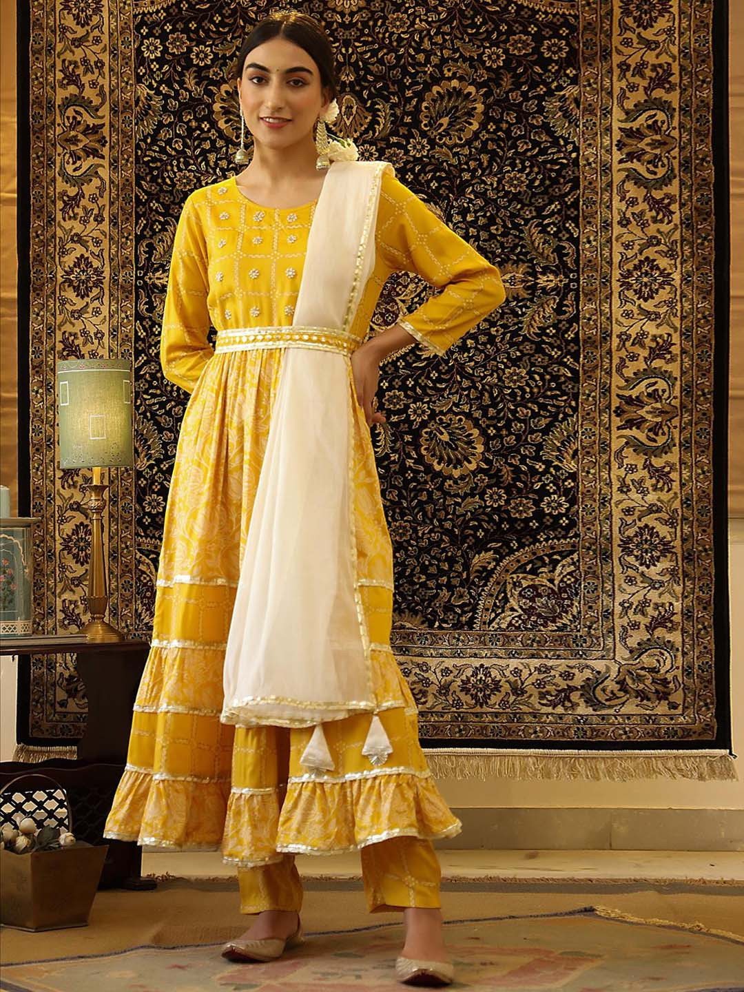 

SCAKHI Women Floral Printed Tiered Gotta Patti Pure Cotton Kurta set, Yellow